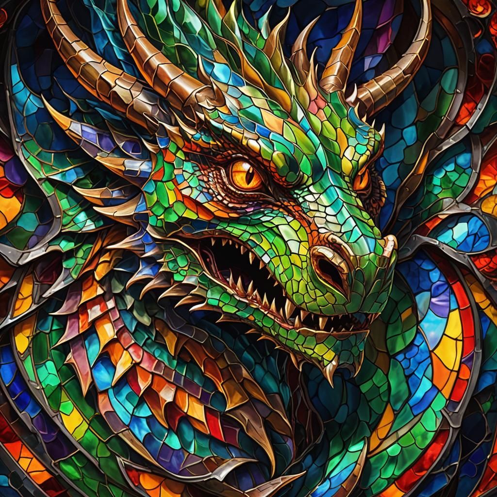 Fluorescent Dragon Face as Stained Glass Art