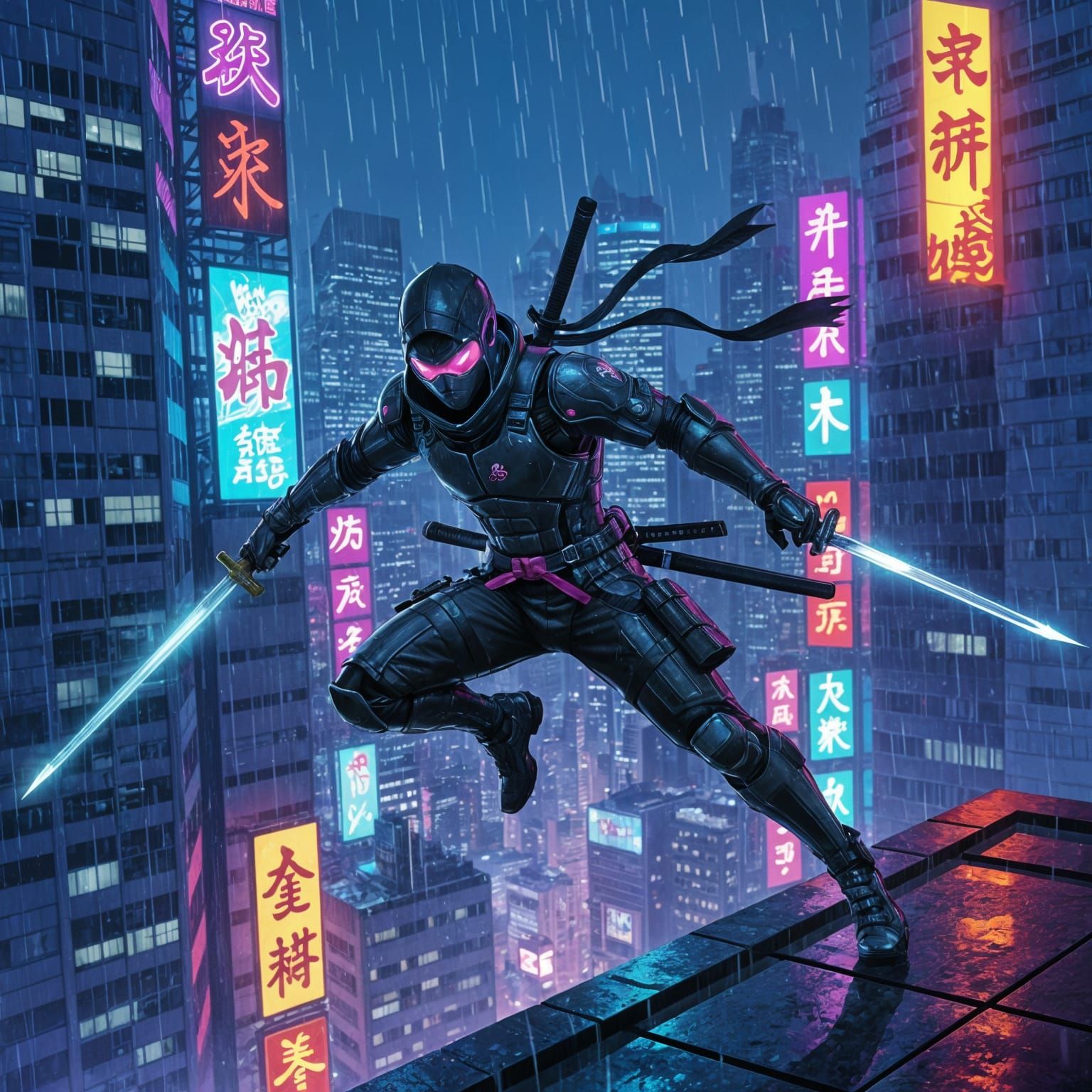 Cyberpunk Ninja Leaping Between Neon Skyscrapers in Rain