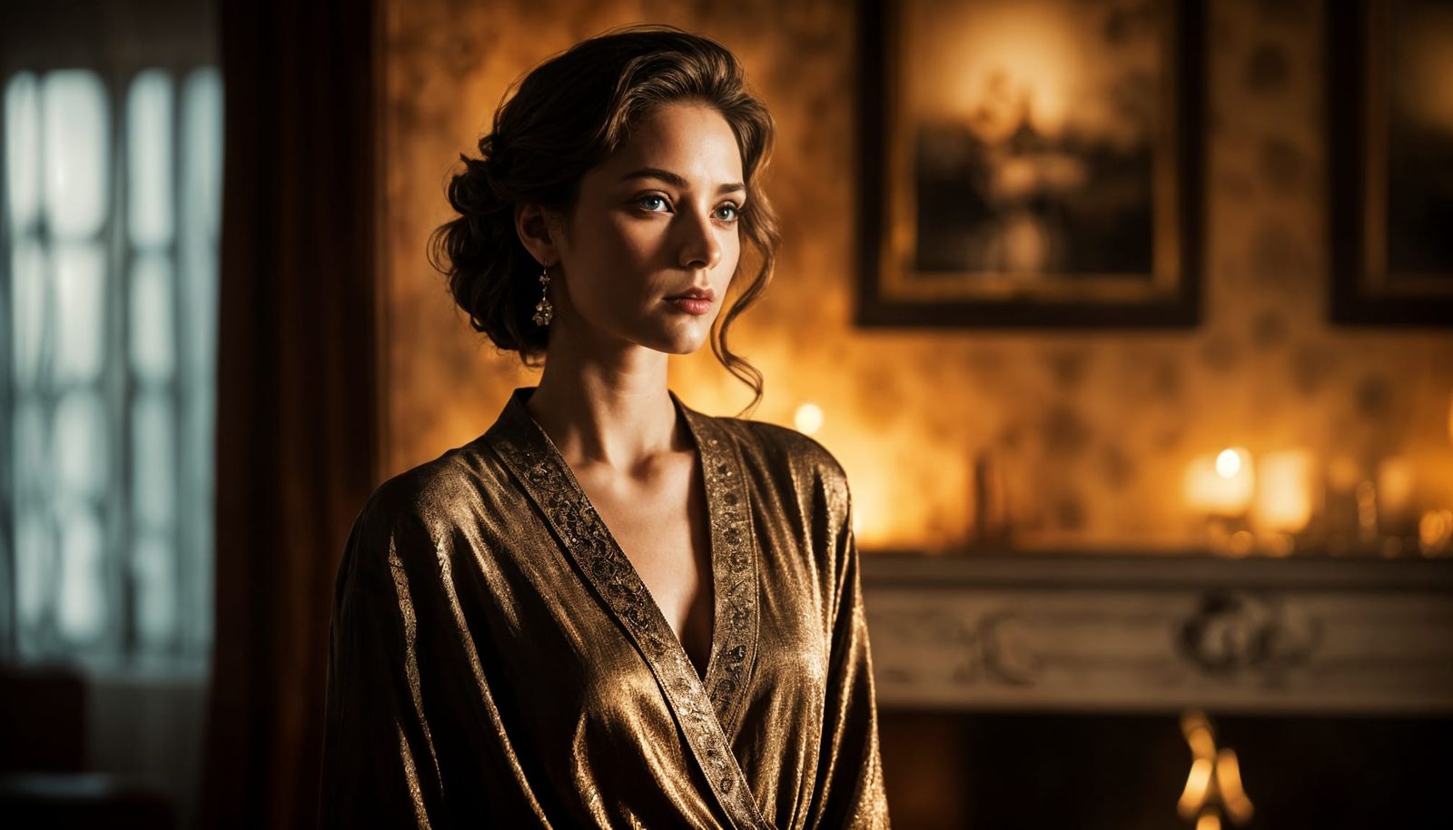 Elegant Woman in Vintage Glamour, Set Against Warm Shadows