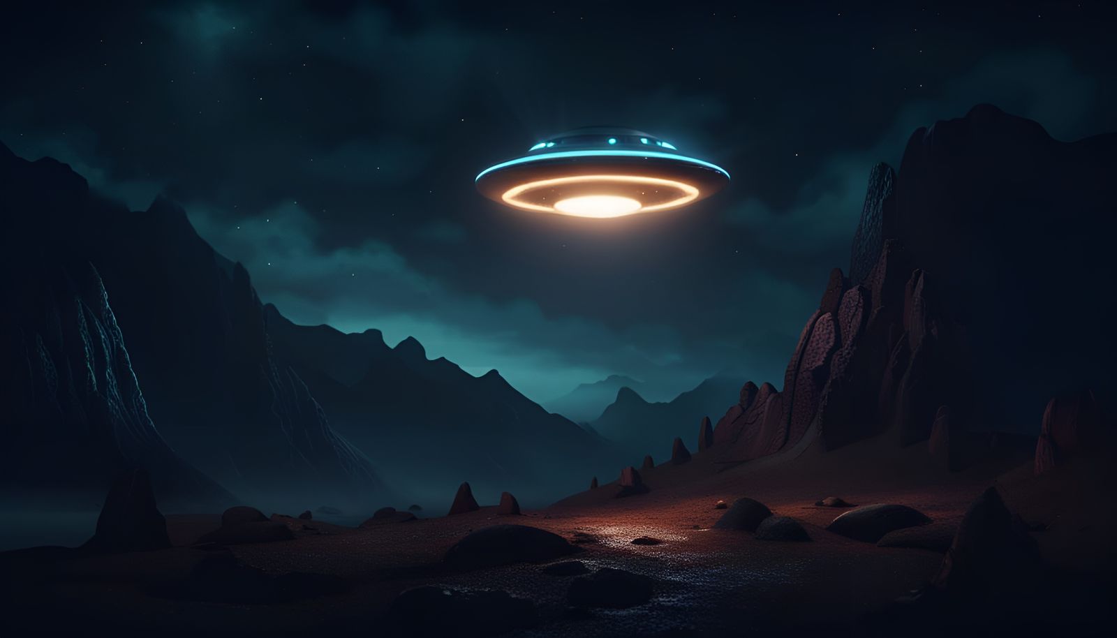 UFO over Mountains at Night in Digital Art Style