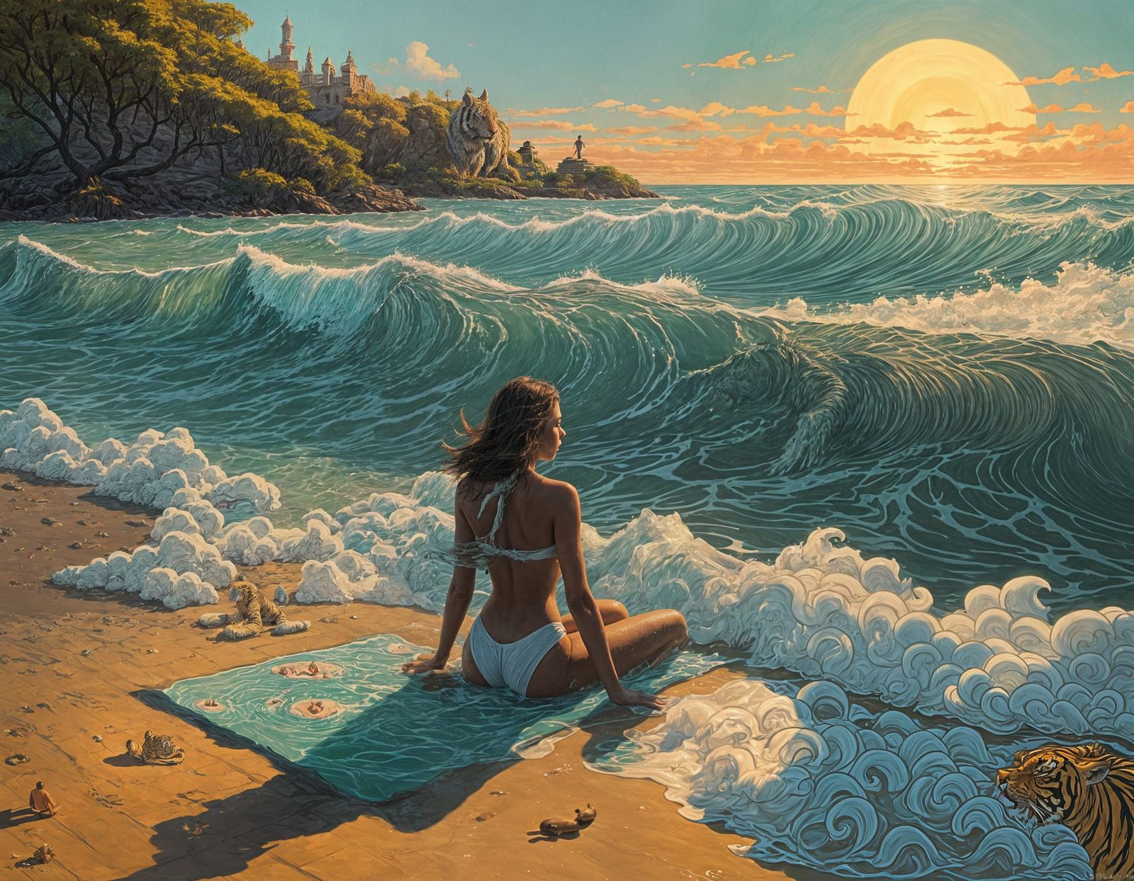 Benevolent Tiger Shields Serene Girl on Sun-Kissed Sea Shore