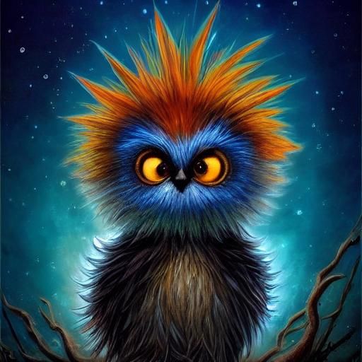 Gothic-Punk Baby Bird in Whimsical Fairytale Scene