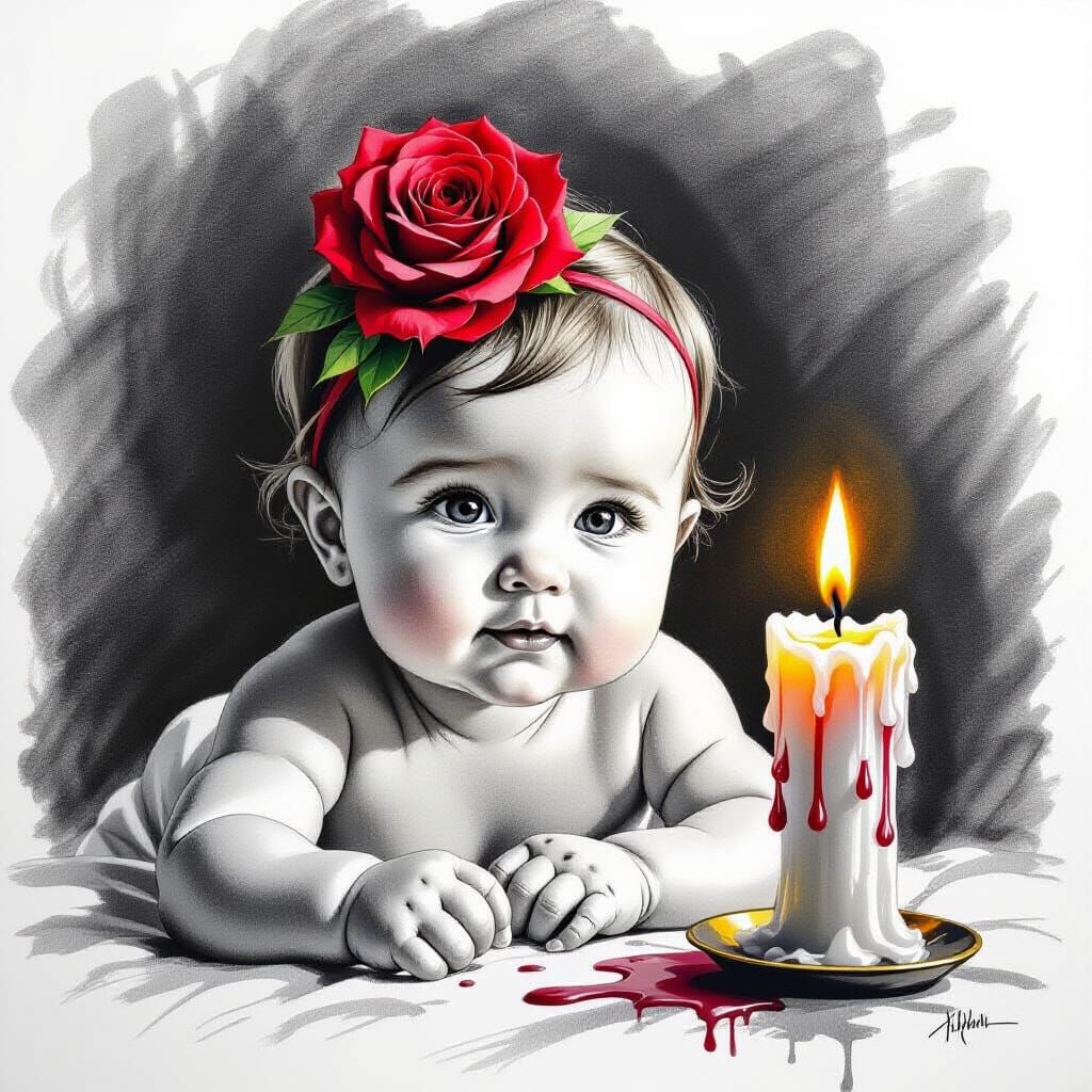 Charcoal Drawing of Baby with Rose and Candle