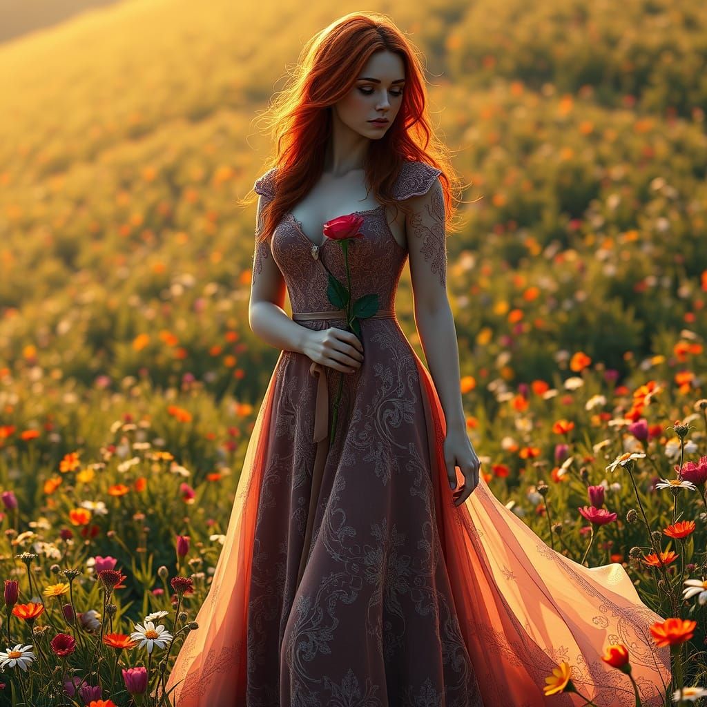 Enchanted Meadow Goddess with Red Hair and Rose