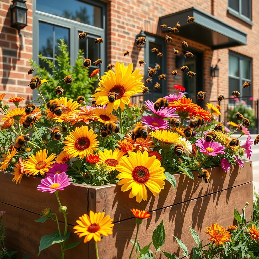 Vibrant Urban Garden Blooms with Life, in Whimsical Impressi...