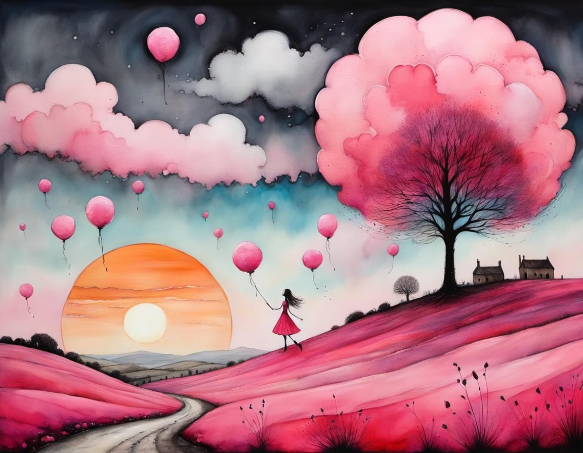 Girl Eating Candy: Whimsical Pink Sunset Illustration