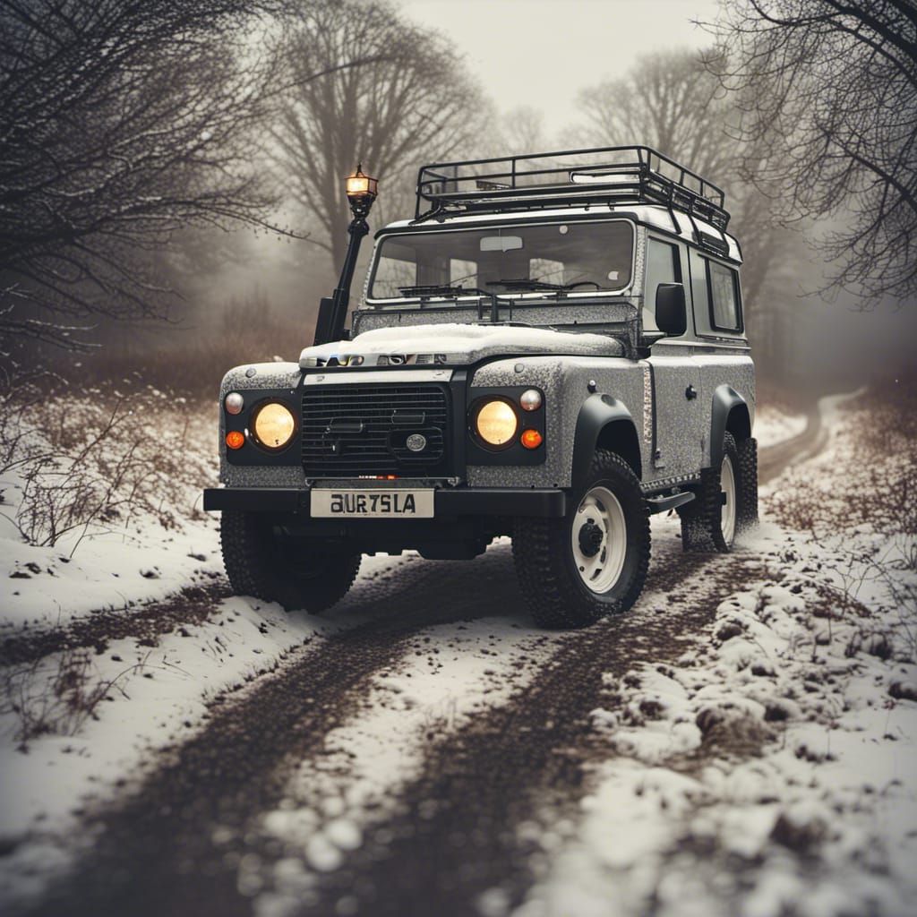 Land Rover Defender on snowy English countryside
