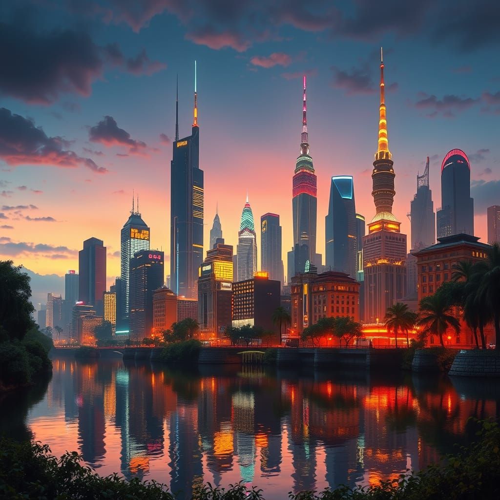 Futuristic Cityscape at Dusk, Reflected in Calm Waters