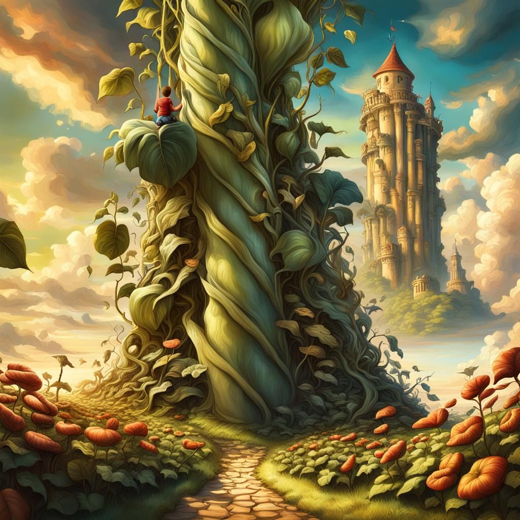Boy Climbing Giant Beanstalk in Fantasy Landscape