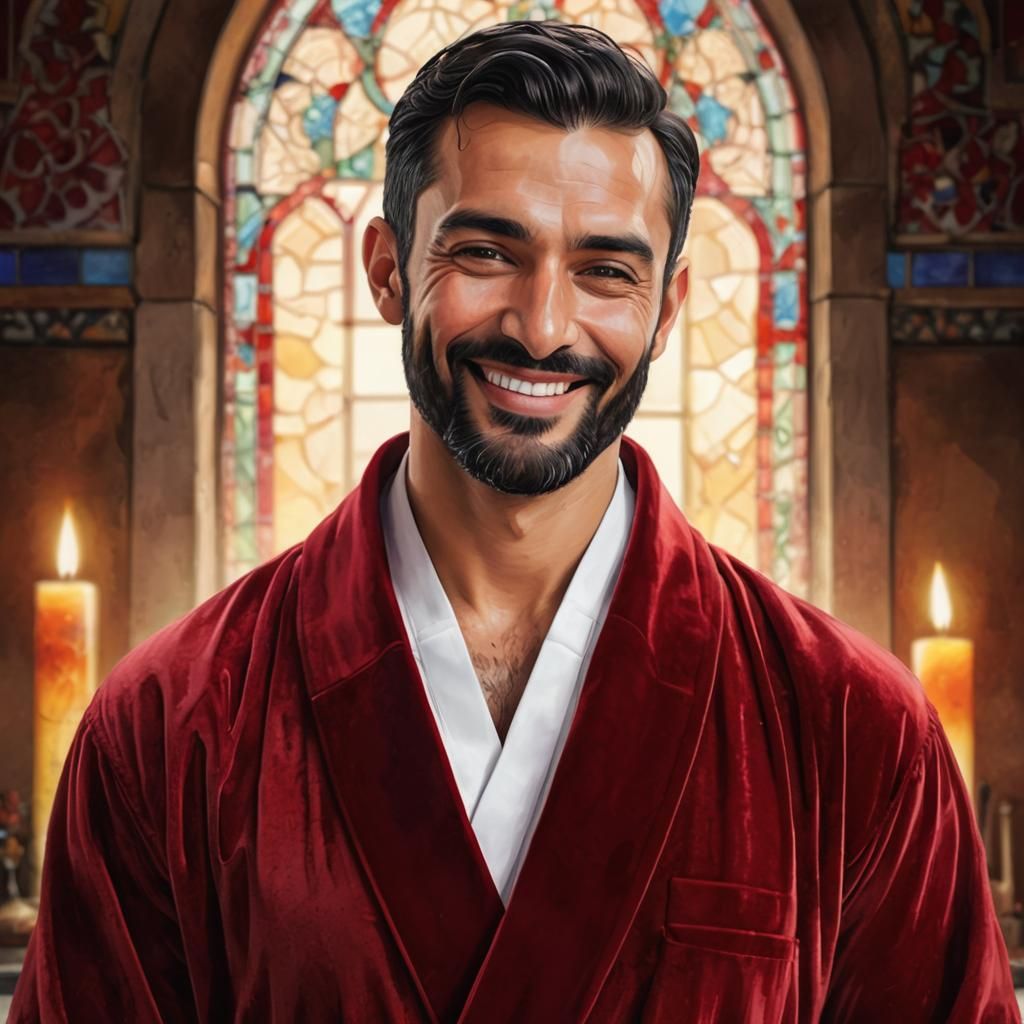 Joyful Man in Red Robe, Alcohol Ink Portrait