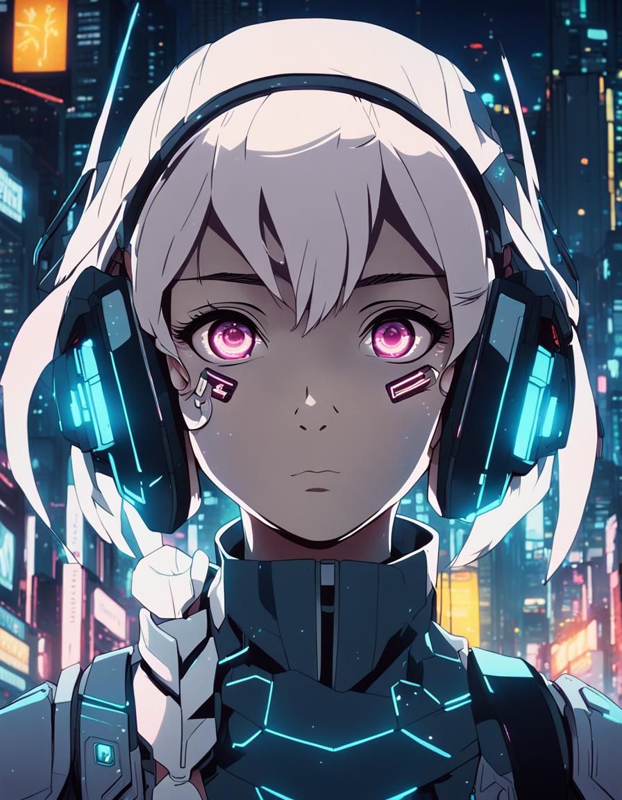 Cyberpunk Girl with Glowing Eyes in Anime Style