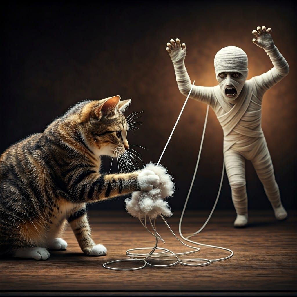 Whimsical Feline Encounter with Ancient Egyptian Mummy