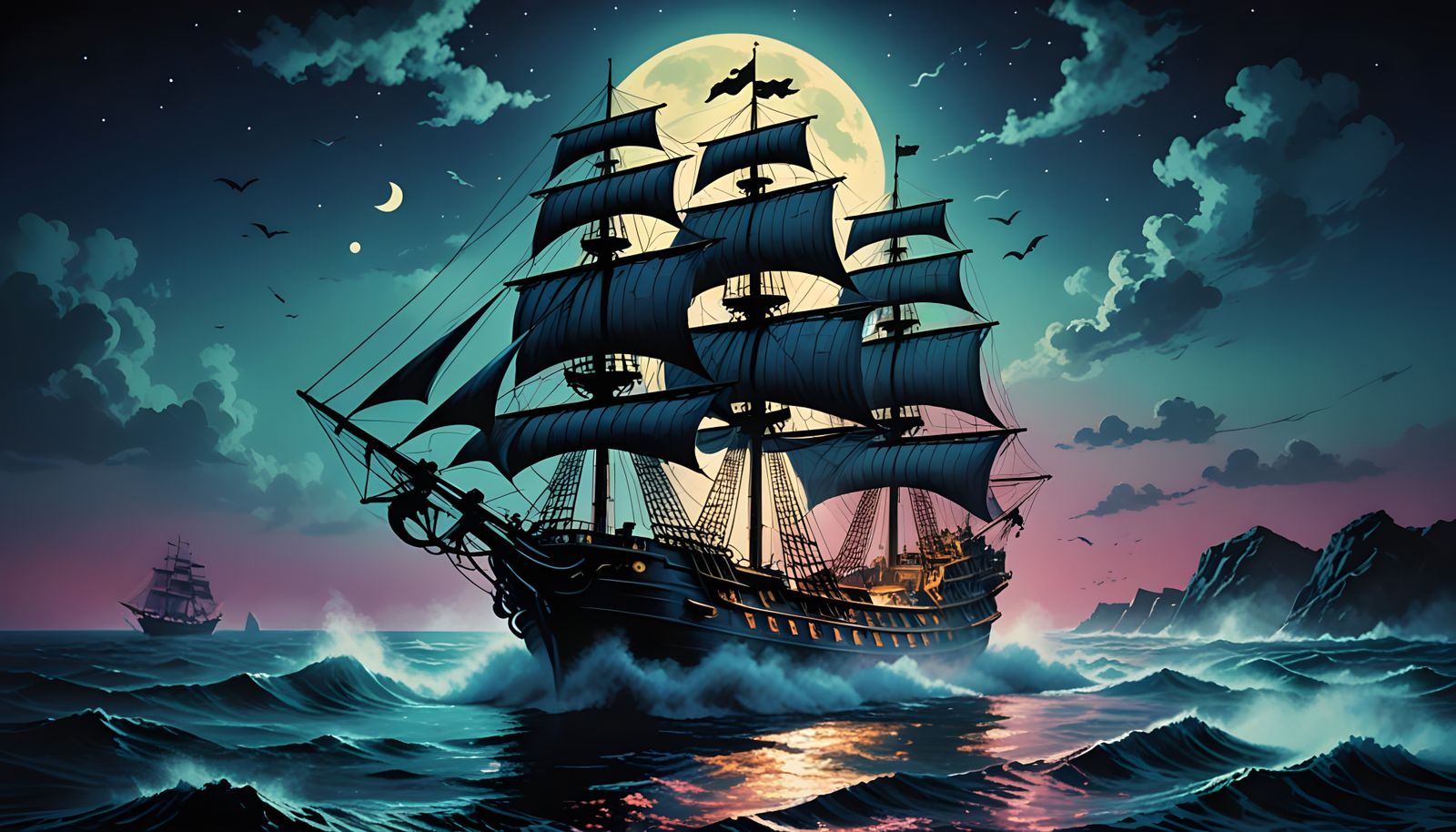 Mystical Pirate Ship in Pop Art Style