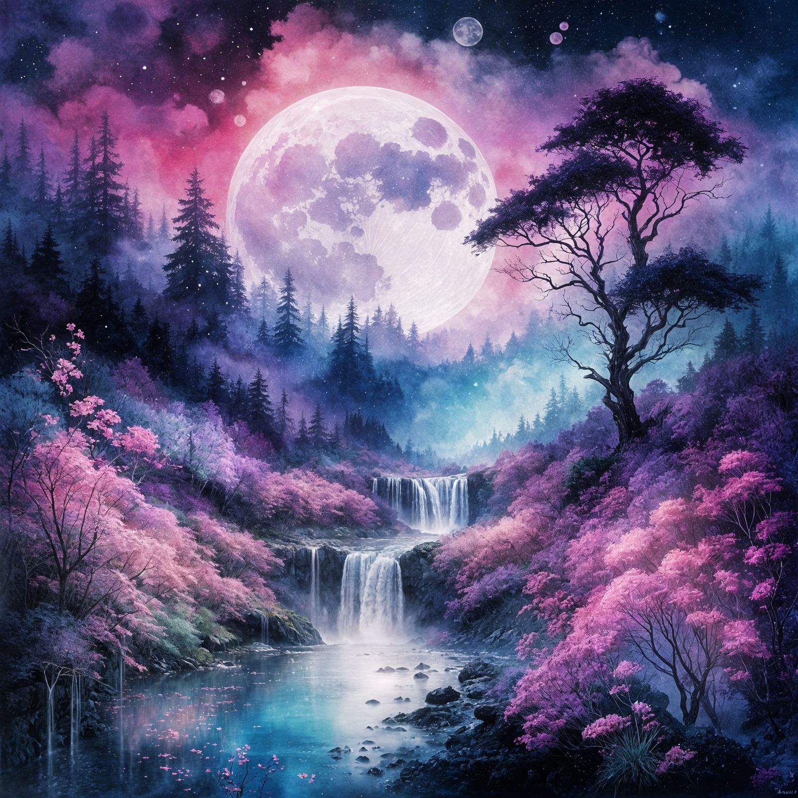 Dreamy Lush Summerscape Under the Moon in Watercolor