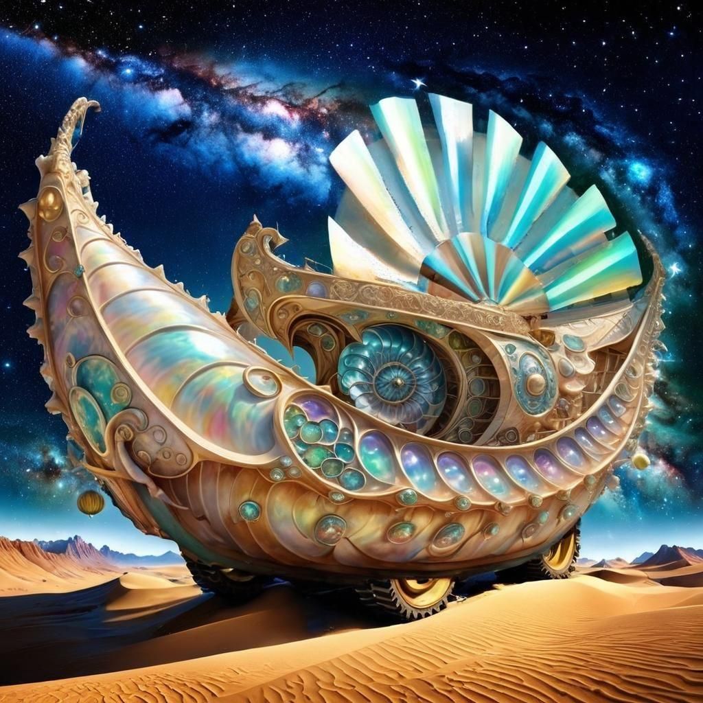 Pearlescent Wind-Powered Boat in Desert