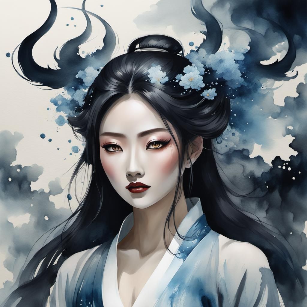 Water Demon Girl in Chinese Ink Painting Style
