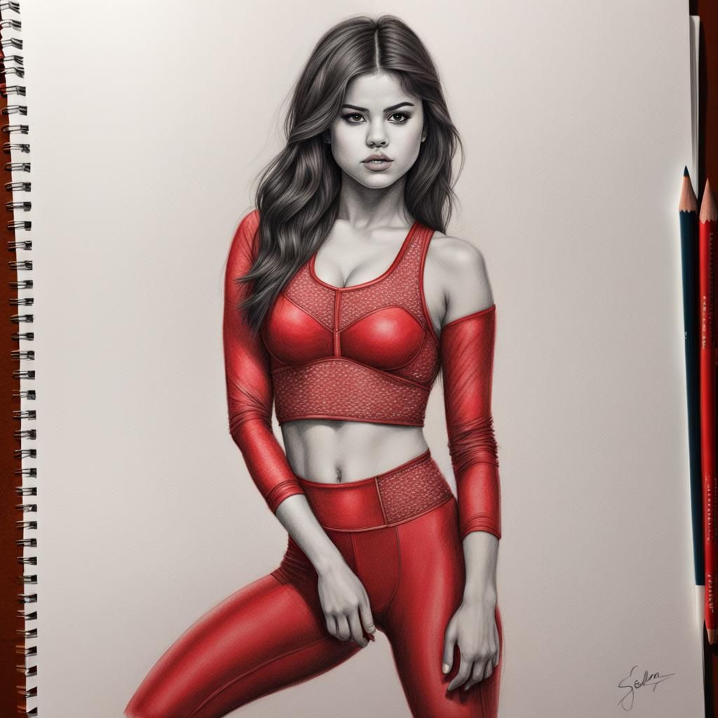 Selena Gomez Gymnast in Red: Pencil Sketch