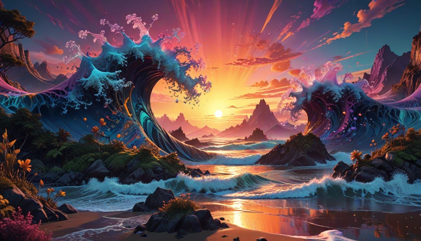 Vibrant spectral entities dancing amidst shimmering fractal patterns, intricate Zentangle details, and undulating wave f...