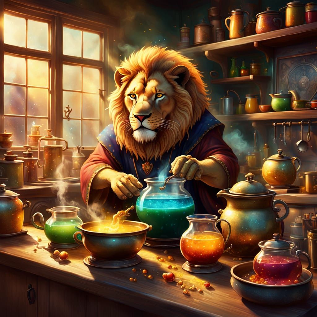 Lion Wizard and Cub Brewing Potions