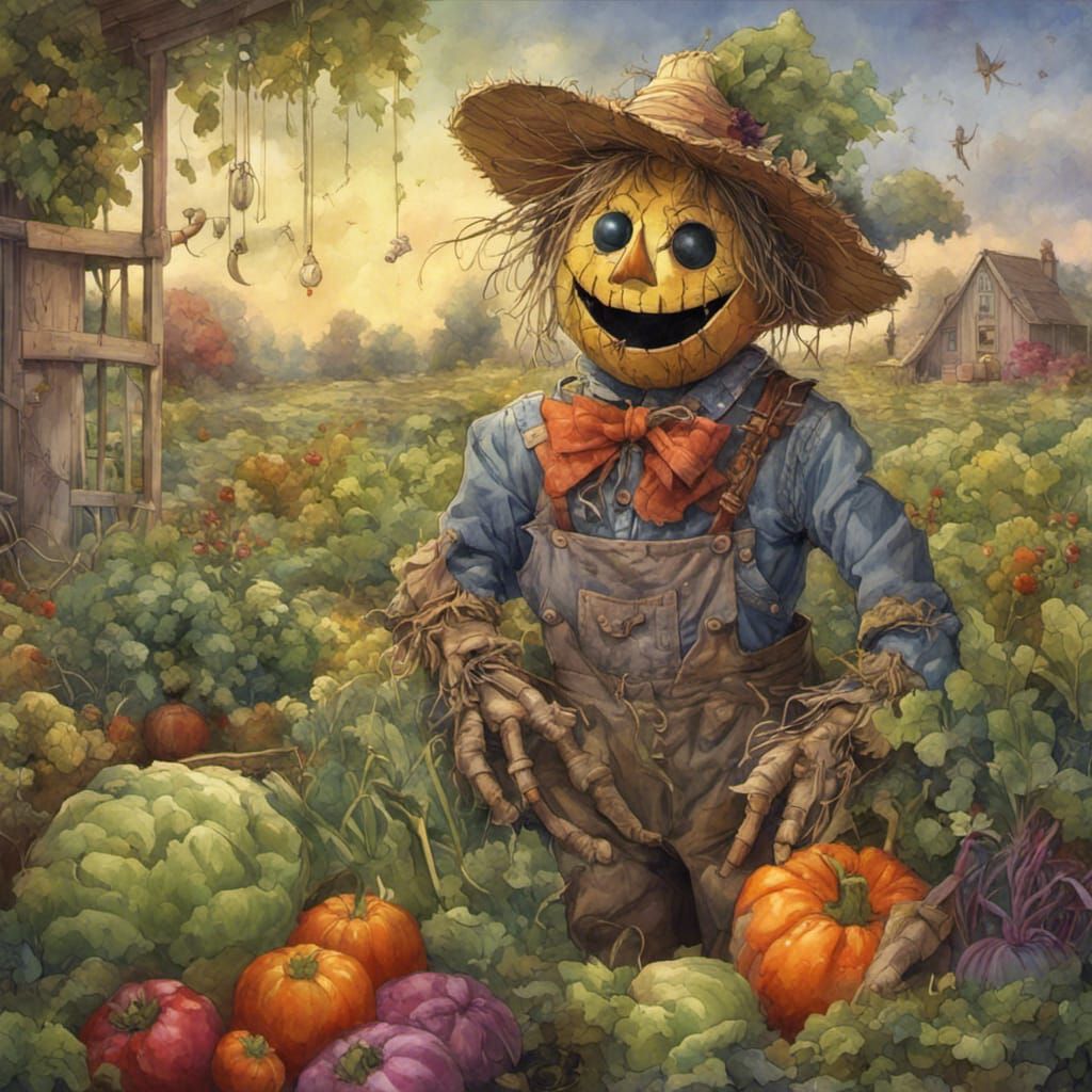 Colorful Scarecrow Gardener in Fantasy Art Style