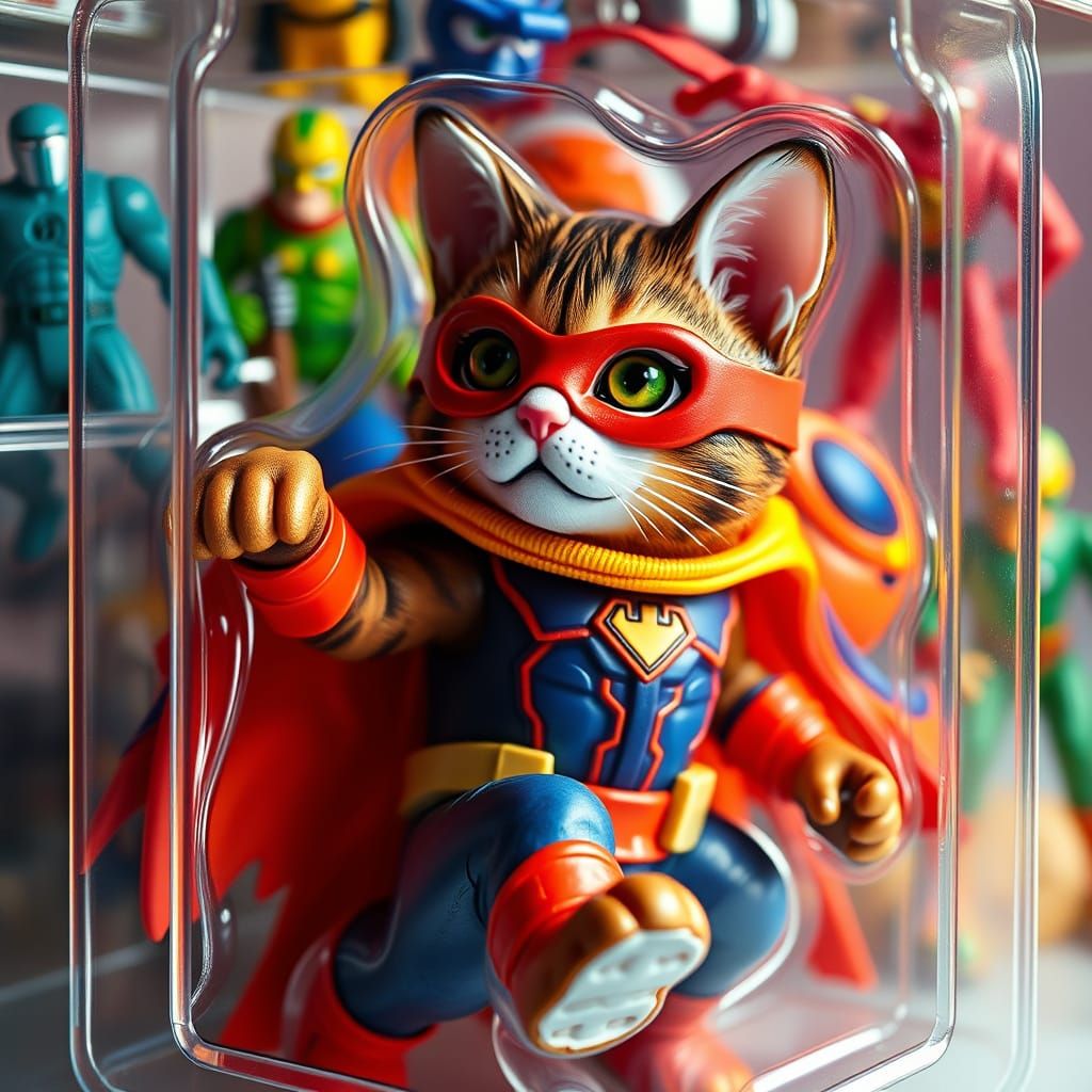 Futuristic Cat Superhero in Miniature Packaging