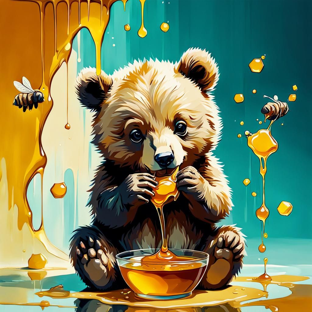 Abstract Baby Bear Eating Honey with Fine Details
