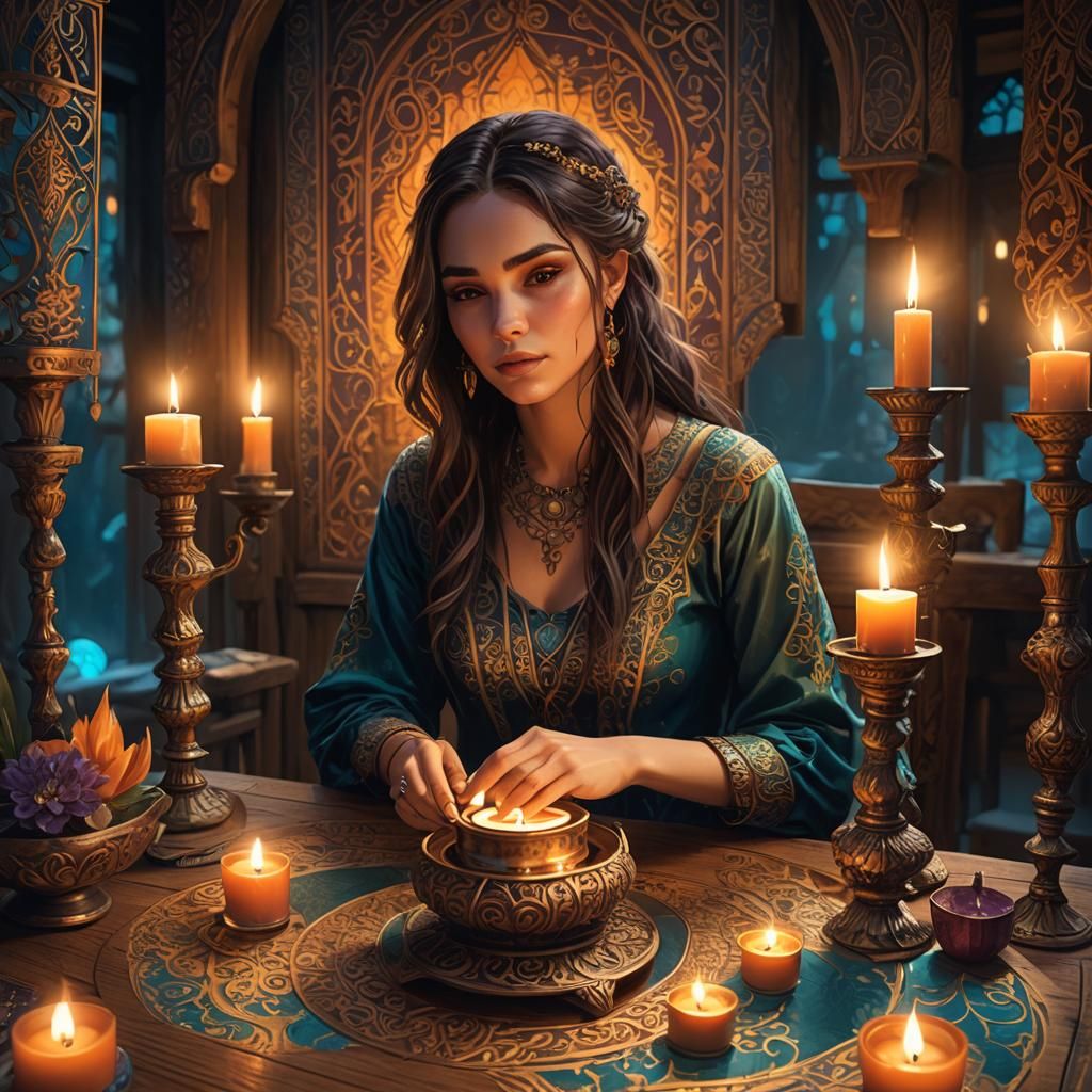 Girl at Table with Ornate Candle Holder