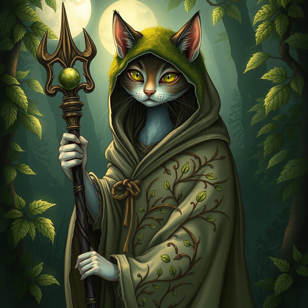 Whimsical Feline Druidess in Mystical Forest