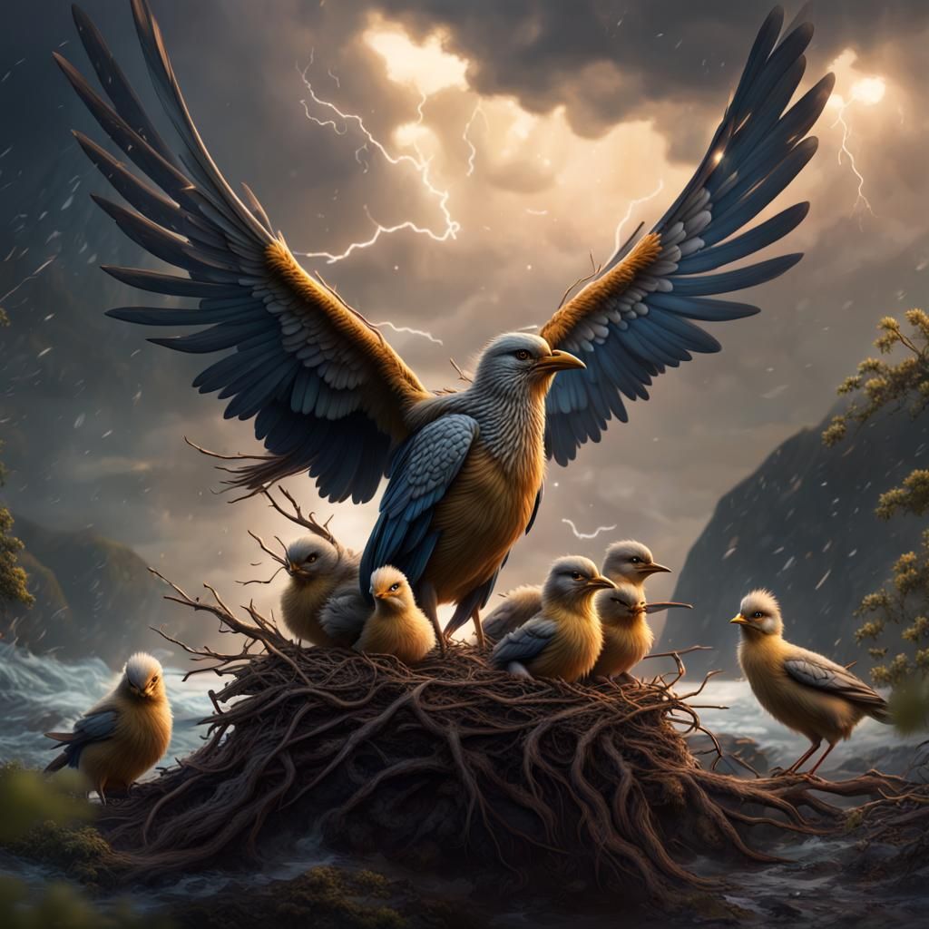 Mother Bird Protecting Chicks: Detailed Matte Painting