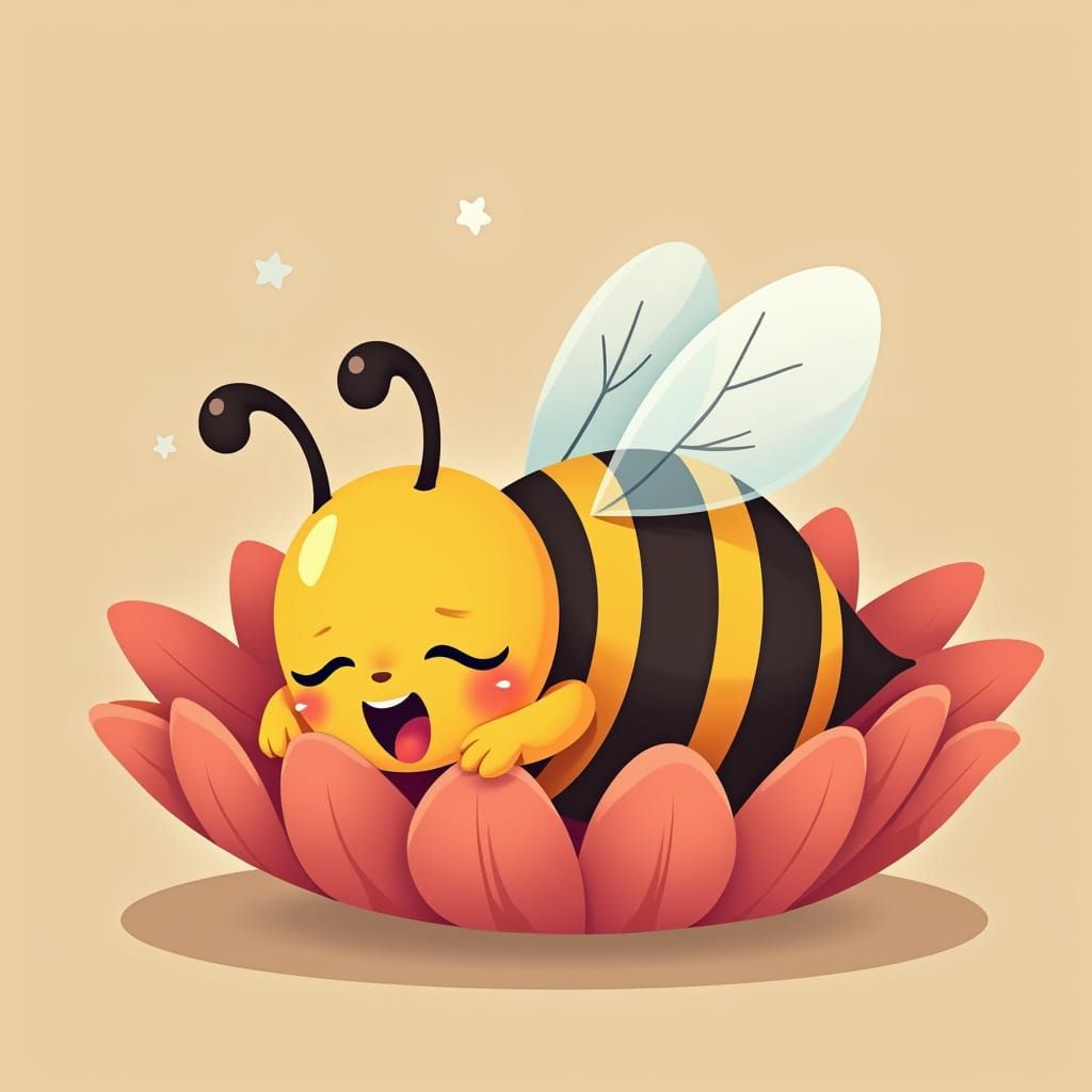 Cute Cartoon Bee Sleeping in Flower Petals