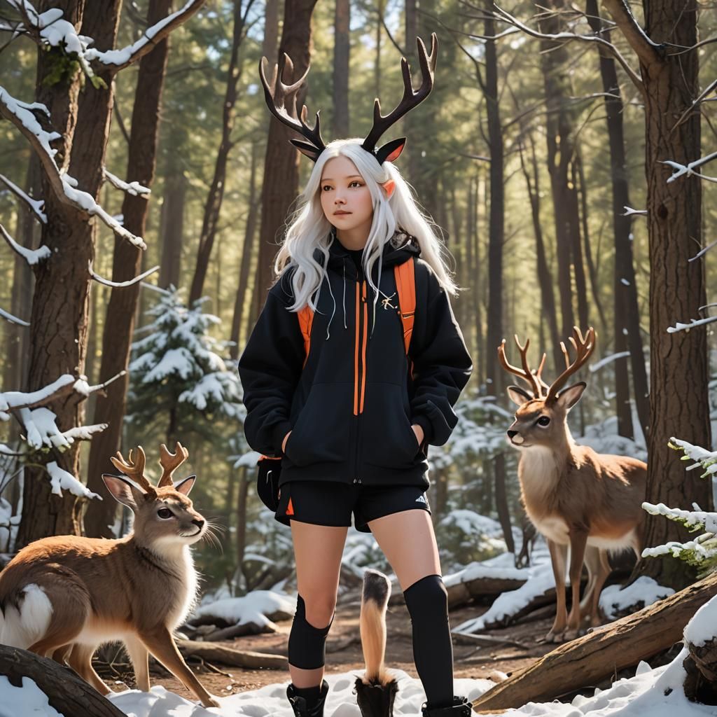 Anime Girl with Jackalope and Phoenix Statue