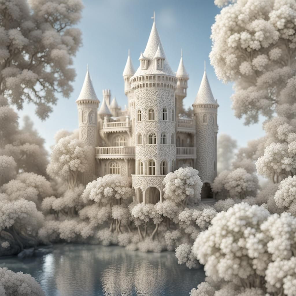 Lace Castle by a Lace River: 3D Render
