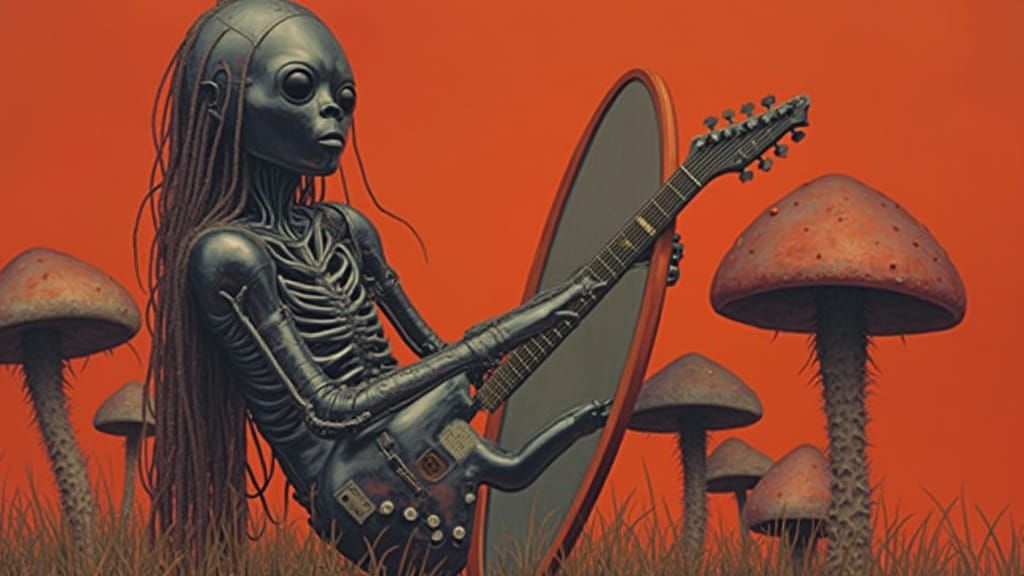 Surreal Xeno Guitarist Gazing in Chrome Mirror