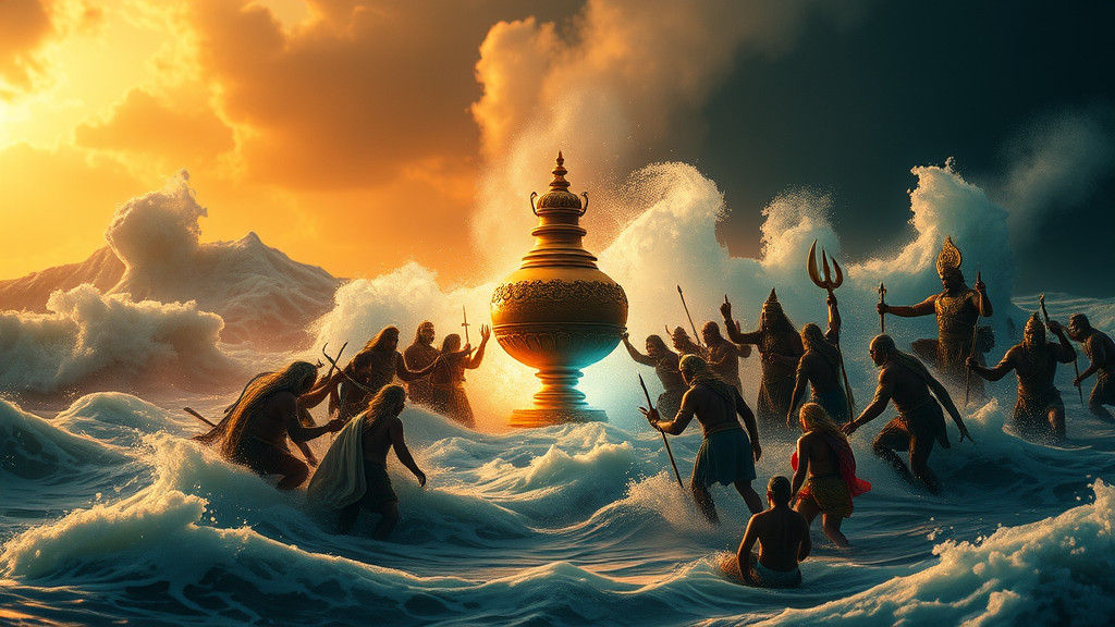 Majestic Samudra Manthan Scene with Gods and Demons