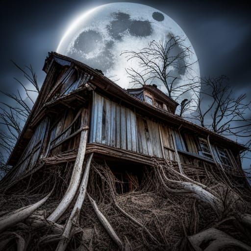 Eerie Abandoned Cabin in Decayed Forest - Surreal Oil Painti...