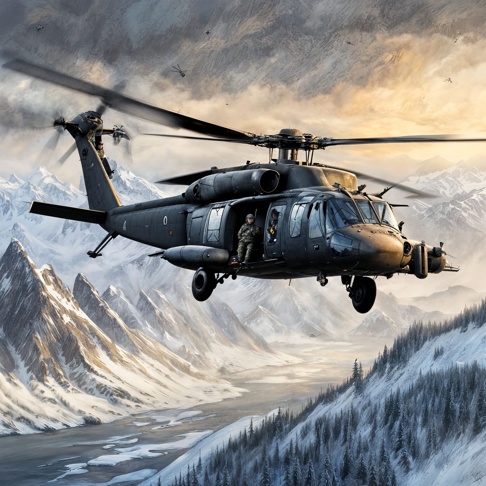 Blackhawk Helicopter Flying Over Snowy Alaskan Mountains