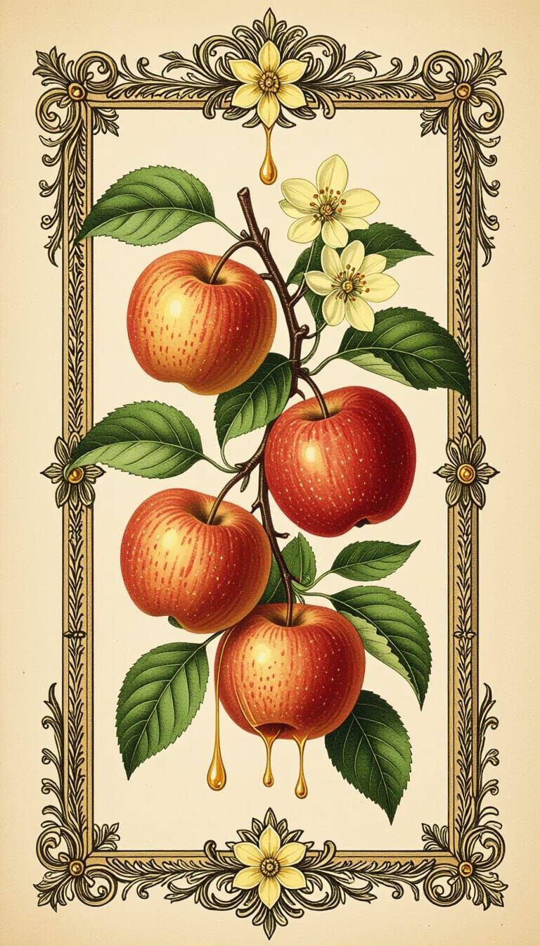 Ornate Botanical Frame with Apples and Linden Blossoms