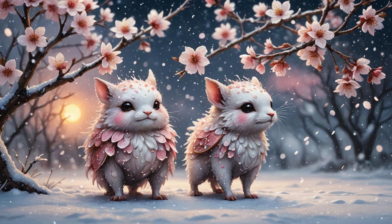 Cute Cherryblossom Creature in Snowy Sunset Watercolor