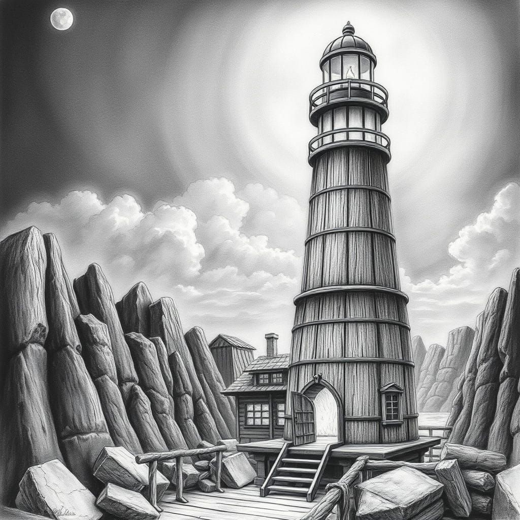 Cozy Woodland Lighthouse, Nighttime Scene