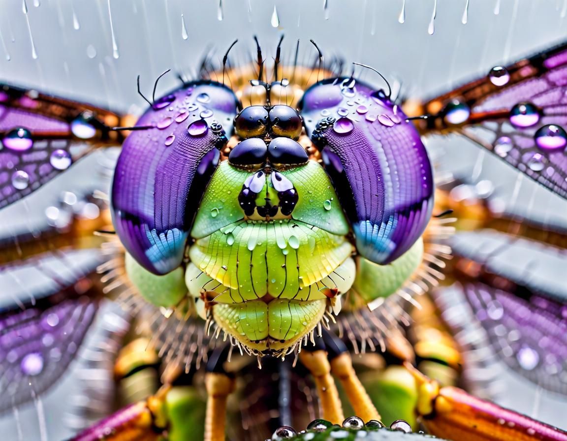 Macro Dragonfly Portrait in Rain, Fine Art Photography