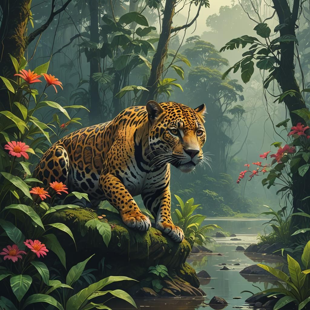 Jaguar in Amazon Rainforest: A Vibrant Digital Painting