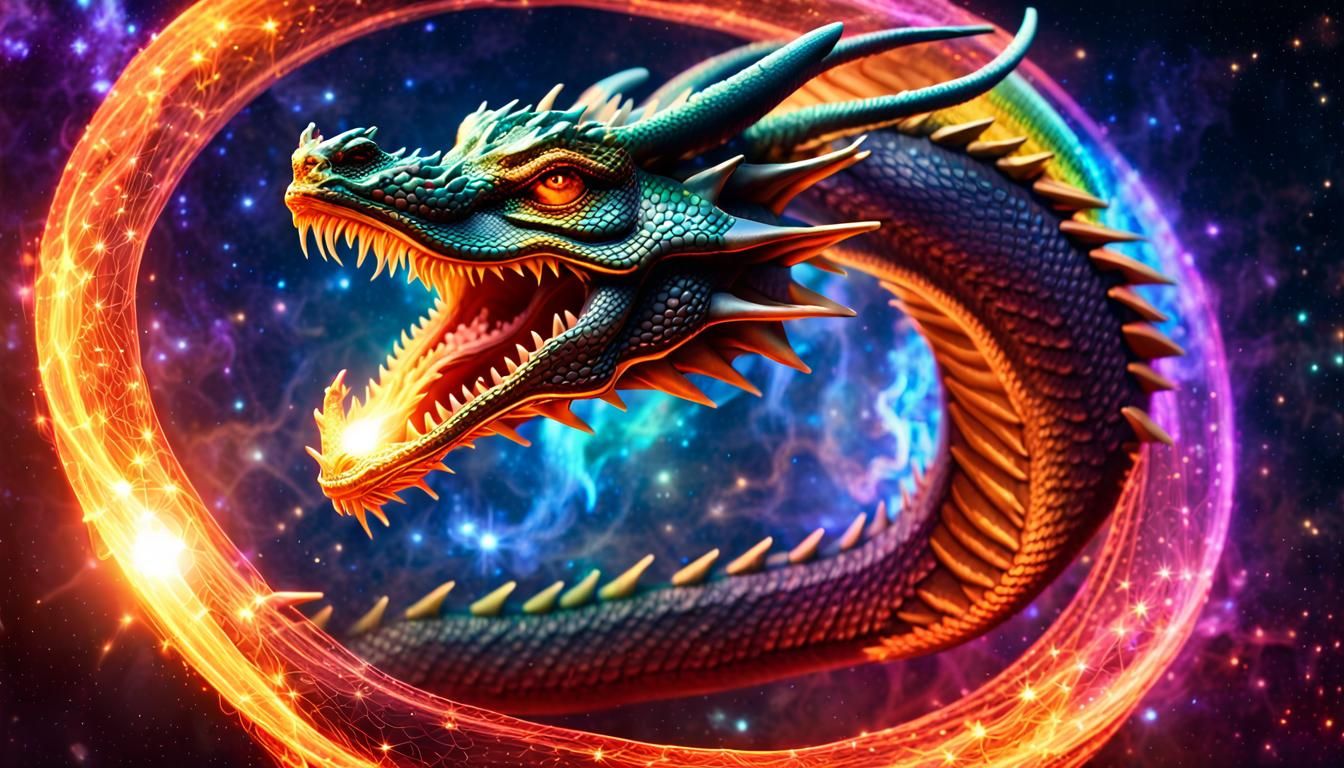 Rainbow Plasma Ouroboros in Cosmic Starscape