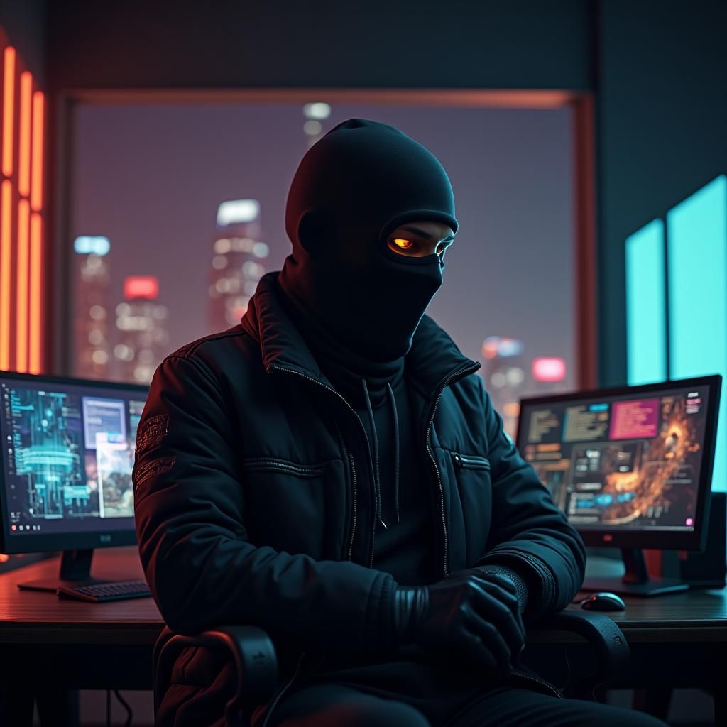 Cyberpunk Scammer in High-Tech Office Environment