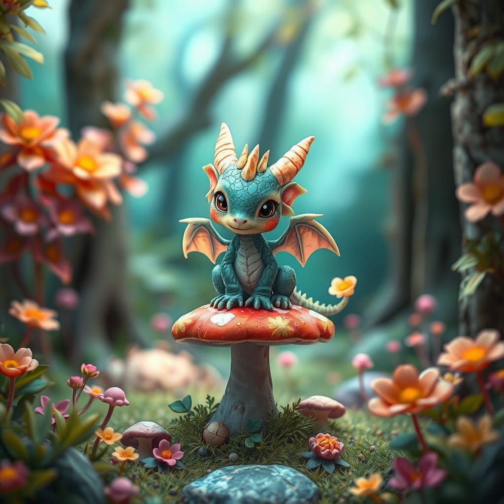 Dragon on Mushroom in Whimsical Forest Illustration