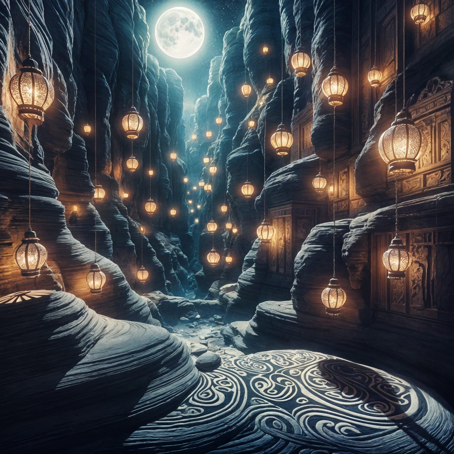 Mystical Canyon Lanterns in Moonlit Night
