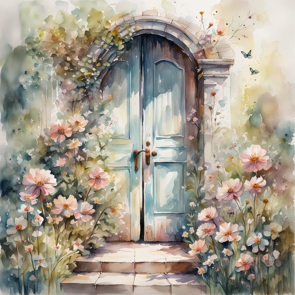 Secret Garden Door in Watercolor Painting