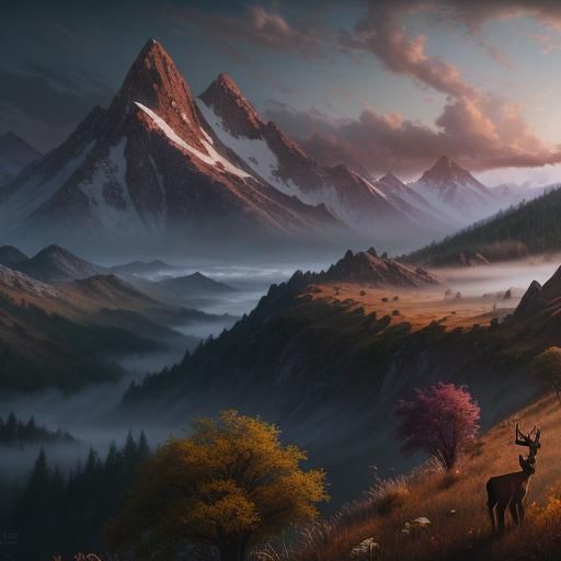 Misty Mountain Landscape with Deer and Antelope