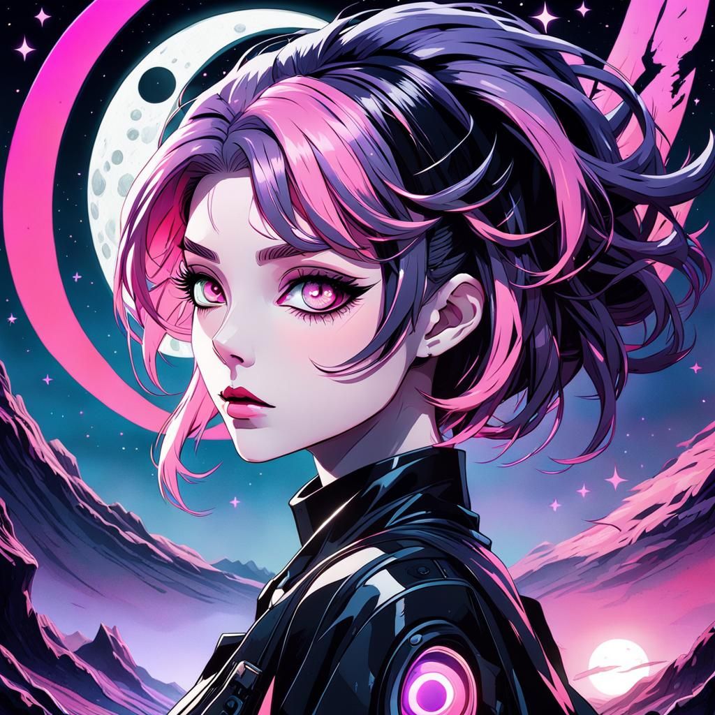 super stunning anime girl perfect face black and pink sci-fi parallax mixed media movie poster mannerism retro fauvism c...