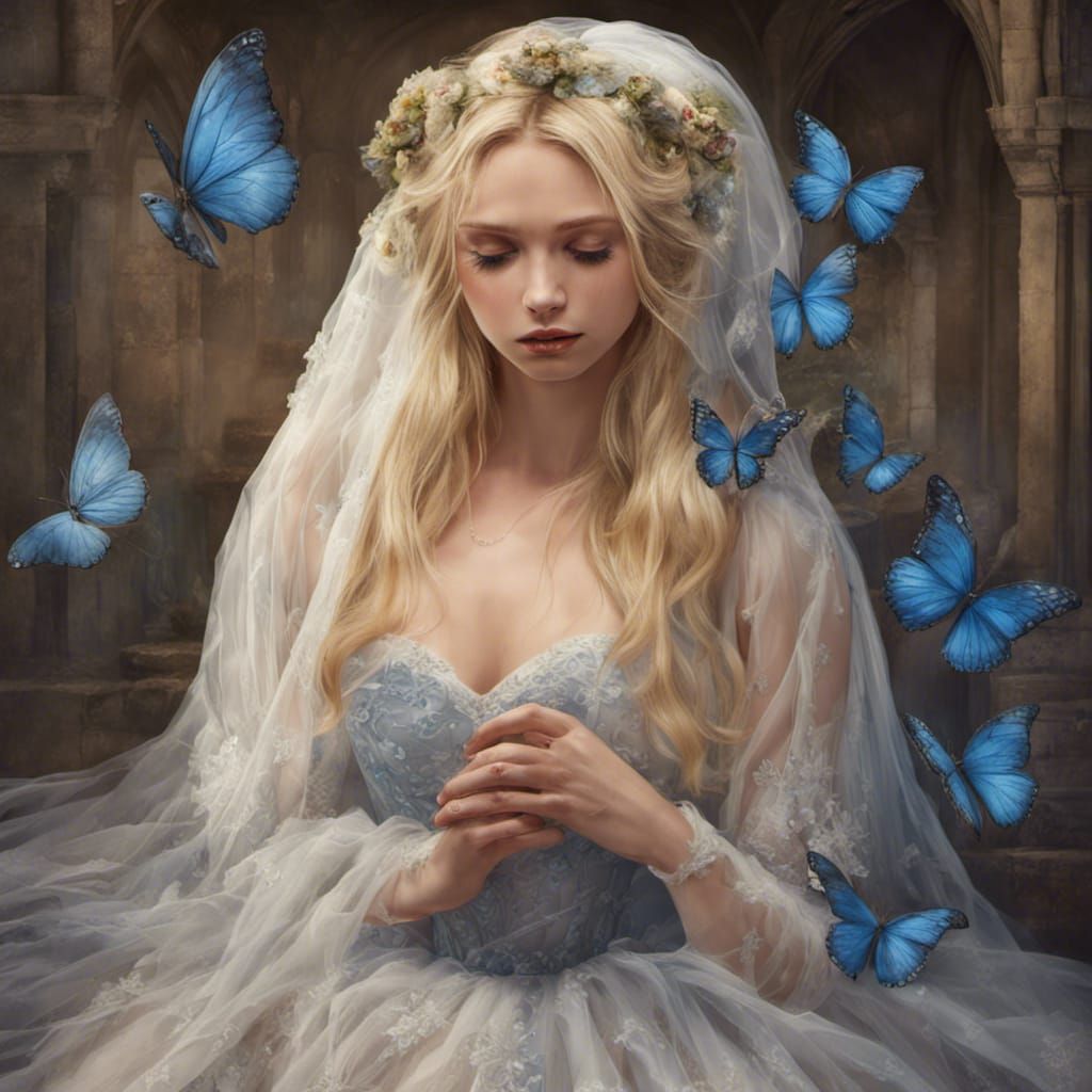 Sad Medieval Fairy Bride with Blue Butterflies