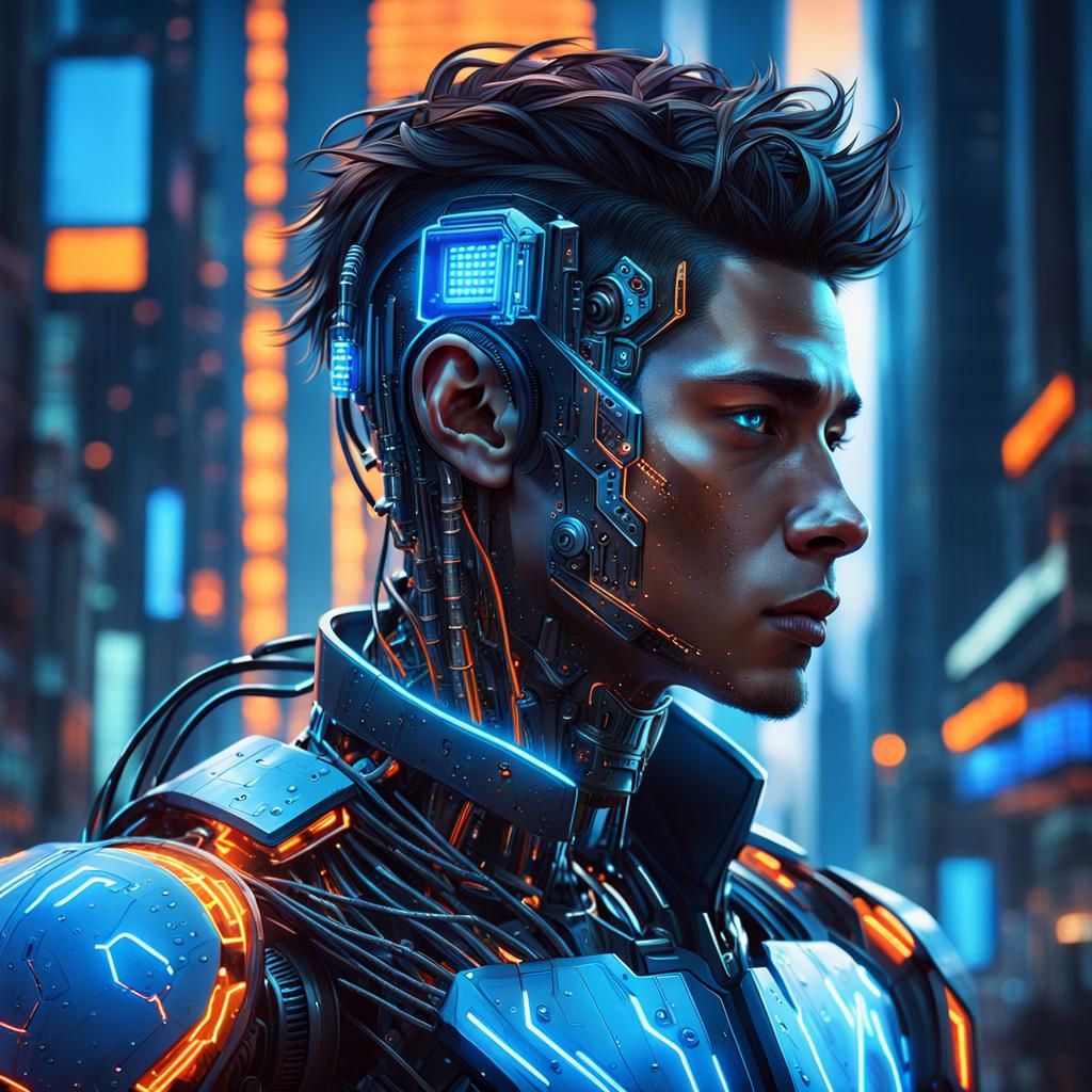 Cyberpunk Portrait: Half-Human Robot in Futuristic City